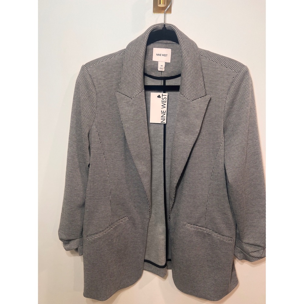 NEW Preppy Light Academia Houndstooth Ruched Sleeve Open Front Blazer Jacket M - Picture 2 of 6